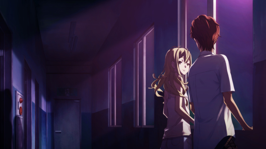1boy, 1girl, belt_pouch, blonde_hair, blue_pants, blue_shorts, chuo_tanegashima_high_school_uniform, closed_mouth