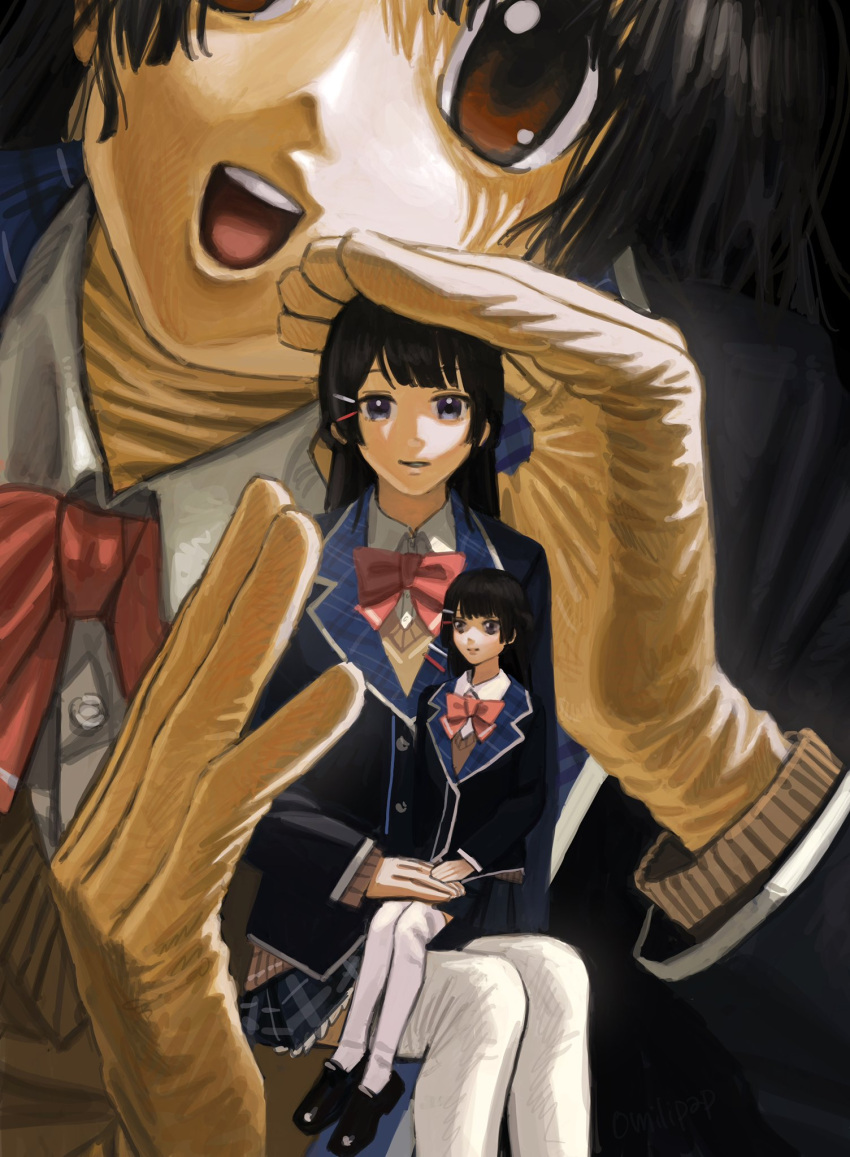 1girl, animegao, black_hair, black_jacket, black_shoes, blue_eyes, bow, cosplay