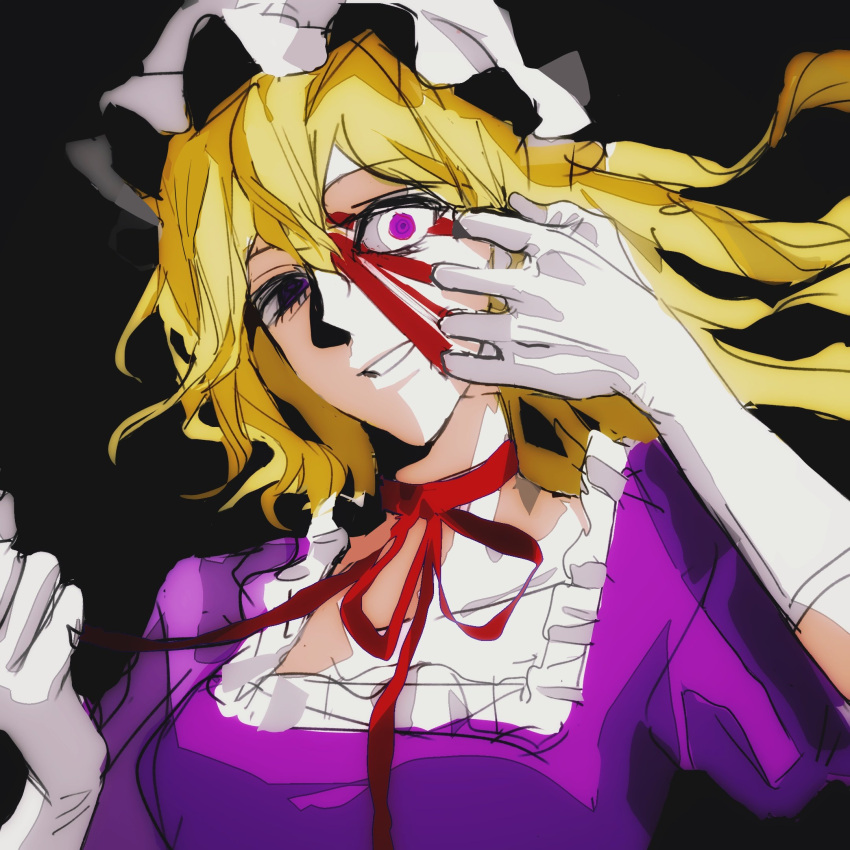 1girl, black_background, blonde_hair, blood, blood_on_face, choker, crazy_eyes, dress, gloves, hair_between_eyes, hat, highres, looking_at_viewer, mob_cap, poxiao354, purple_dress, ribbon_choker, short_sleeves, single_blank_eye, smile, solo, teeth, touhou, violet_eyes, white_gloves, yakumo_yukari