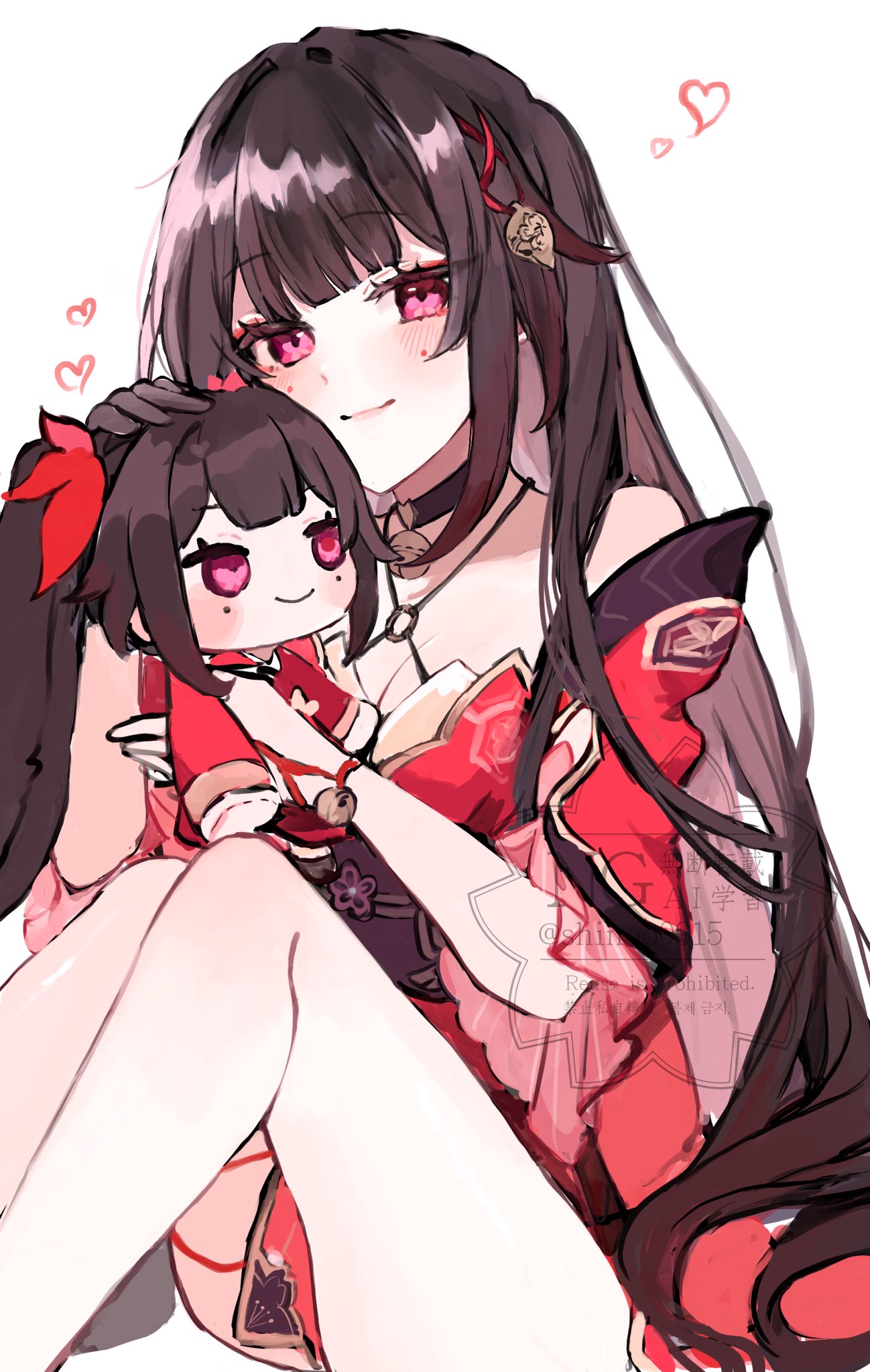 1girl, alternate_hairstyle, bare_shoulders, bell, black_choker, black_gloves, black_sash, butterfly-shaped_pupils, choker, criss-cross_halter, doll, dress, gloves, hair_down, halterneck, heart, highres, holding, holding_doll, honkai:_star_rail, honkai_(series), long_hair, looking_at_viewer, mark_under_both_eyes, neck_bell, pink_eyes, red_dress, red_sleeves, sash, shinoo0915, simple_background, single_glove, sitting, solo, sparkle_(doll)_(honkai:_star_rail), sparkle_(honkai:_star_rail), symbol-shaped_pupils, white_background