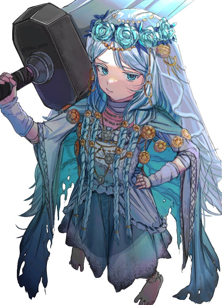 1girl, blue_eyes, braid, closed_mouth, doll_joints, dress, elden_ring, elden_ring_nightreign, flower, flower_wreath, head_wreath, holding, jewelry, joints, long_hair, looking_at_viewer, low_twin_braids, revenant_(elden_ring), riku_pam, solo, twin_braids, veil, weapon, white_background, white_dress, white_hair, white_veil