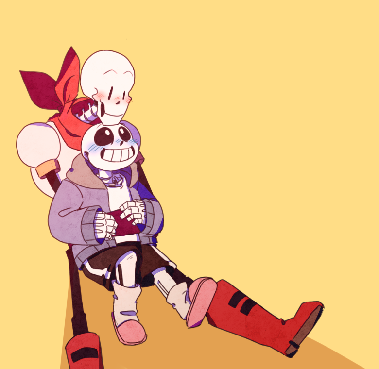 2016, 2boys, 2d, armor, black_shorts, blue_jacket, blue_shorts, boots, brothers, commentary, digital_media, duo, english_commentary, gloves, gowithoutsleep, grey_hood, height_difference, hood, hood_down, hooded_jacket, hug, hug_from_behind, humanoid, jacket, male, male_focus, male_only, monster, monster_boy, multiple_boys, open_clothes, open_jacket, papyrus_(undertale), pink_slippers, red_boots, red_gloves, red_scarf, sans_(undertale), scarf, shirt, shorts, siblings, simple_background, sitting, skeleton, slippers, striped_shorts, teeth, undead, undertale, utdr_(toby_fox), white_armor, white_shirt, white_stripes, yellow_background