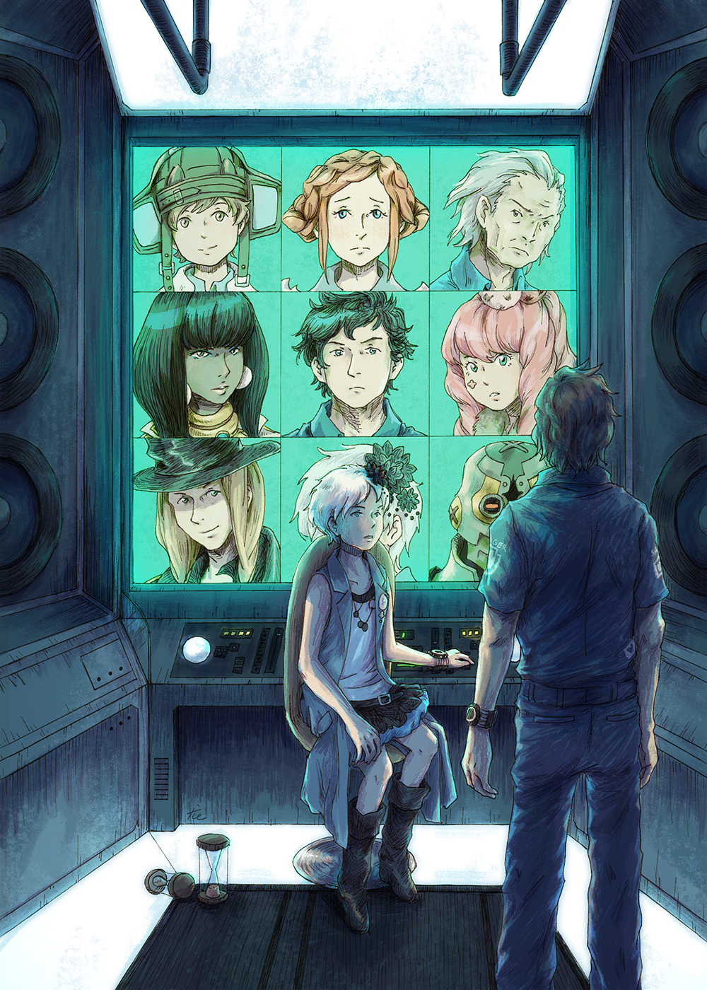 1boy, 1girl, alice_(kyokugen_dasshutsu), black_boots, black_flower, black_hair, black_skirt, blue_jacket, blue_pants, blue_shirt, boots, chair, commentary, dio_(kyokugen_dasshutsu), english_commentary, flower, from_behind, hair_flower, hair_ornament, highres, hourglass, indoors, jacket, jewelry, k_(kyokugen_dasshutsu), kyokugen_dasshutsu, kyokugen_dasshutsu_adv:_zennin_shibou_desu, luna_(kyokugen_dasshutsu), monitor, necklace, nib_pen_(medium), open_clothes, open_jacket, pants, pen_(medium), phi_(kyokugen_dasshutsu), photoshop_(medium), quark_(kyokugen_dasshutsu), shirt, short_hair, short_sleeves, sigma_(kyokugen_dasshutsu), sitting, skirt, sleeveless, sleeveless_jacket, sleeveless_shirt, standing, tenmyouji_(kyokugen_dasshutsu), traditional_media, very_short_hair, watch, white_hair, white_shirt, yotsuba_(kyokugen_dasshutsu), youyuening