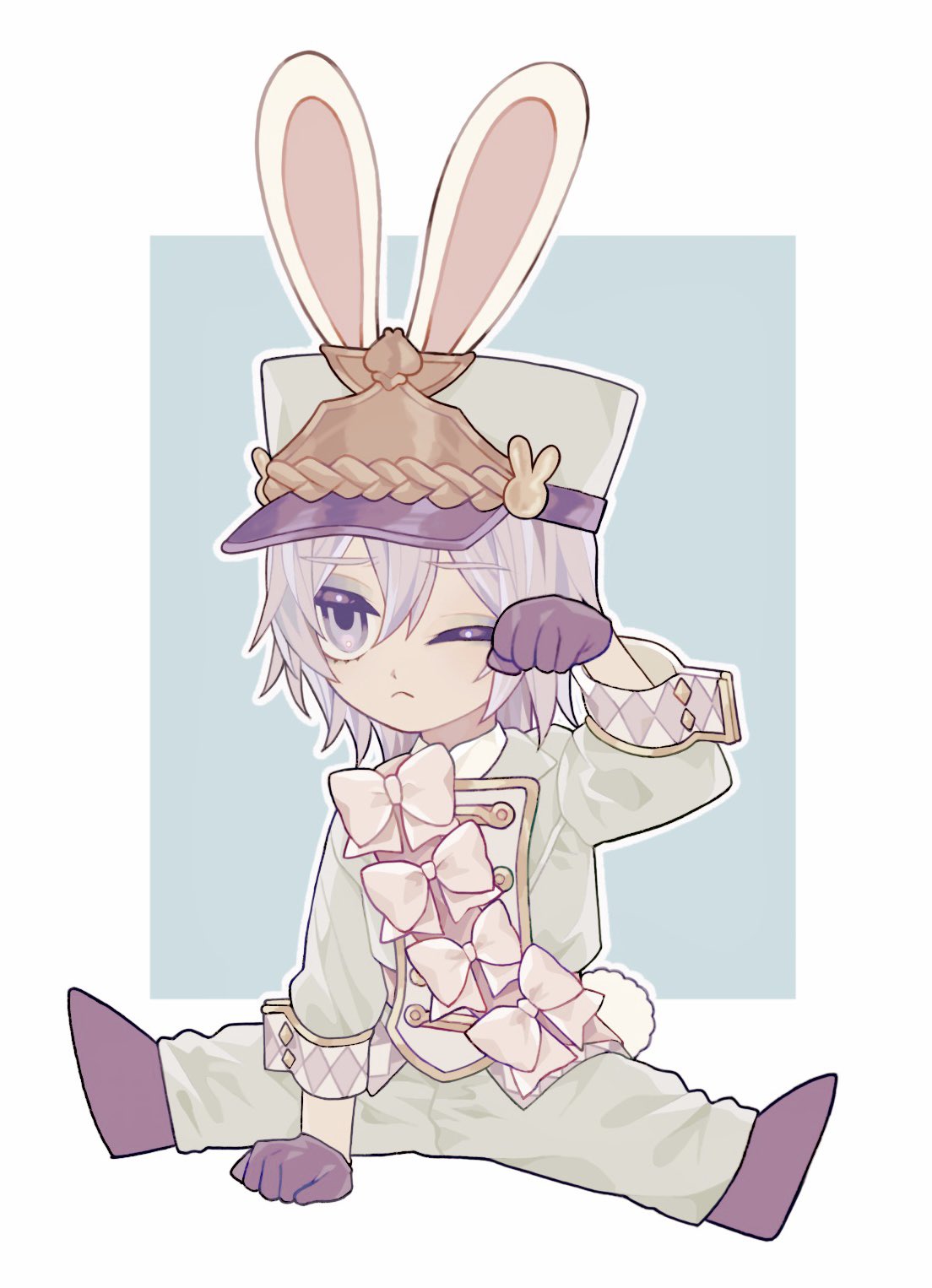 1boy, ;<, animal_ears, band_uniform, bow, character_request, closed_mouth, deformed