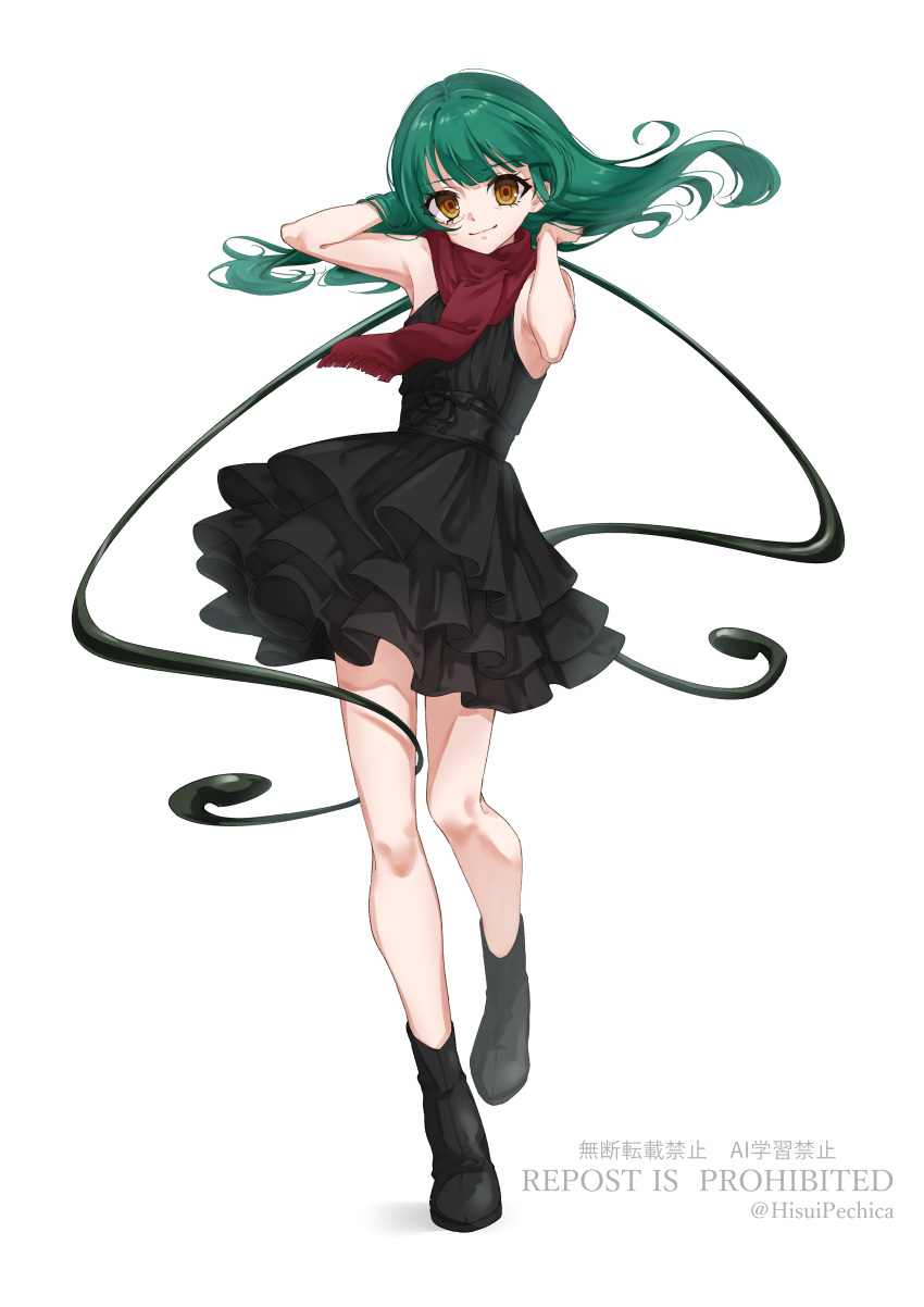 1girl, absurdres, ansatsu_kyoushitsu, artist_name, bare_legs, black_dress, black_shoes, dress