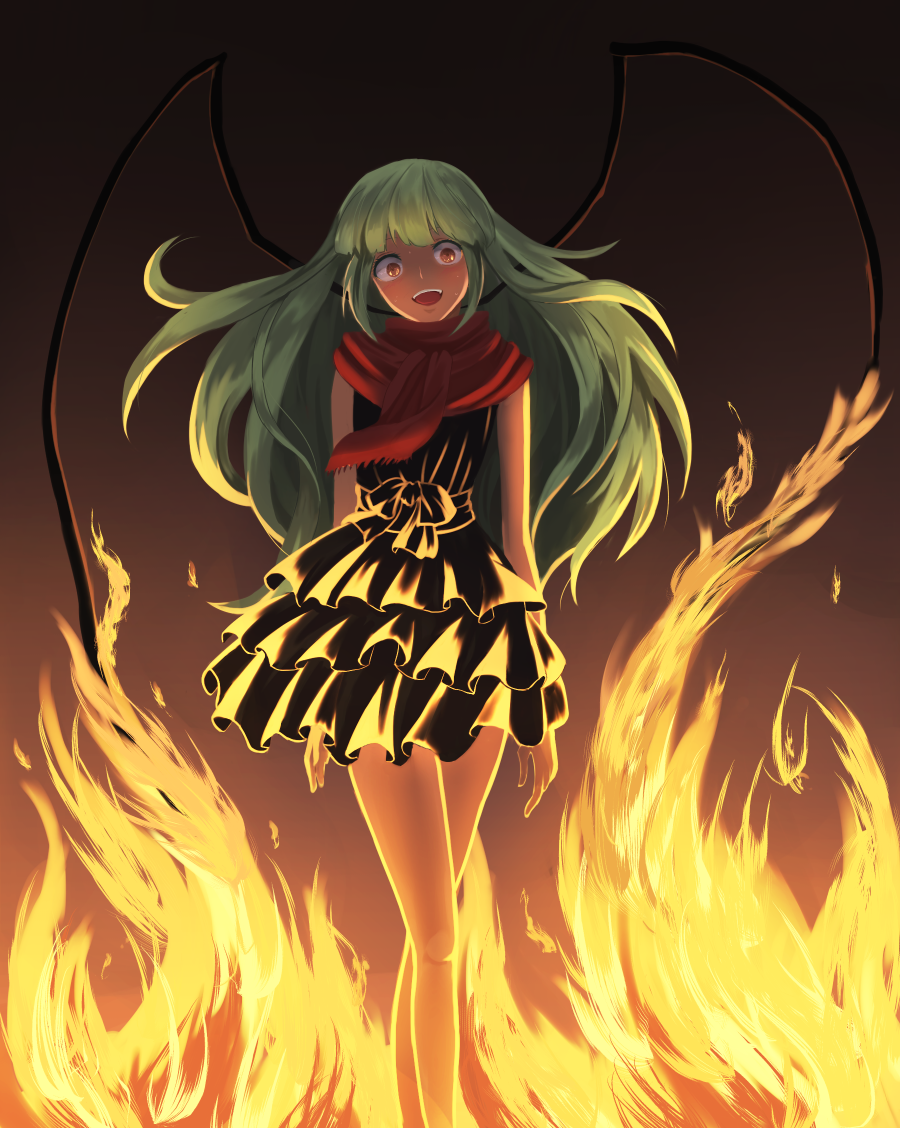 1girl, ansatsu_kyoushitsu, backlighting, bare_legs, black_dress, dress, fire, green_hair
