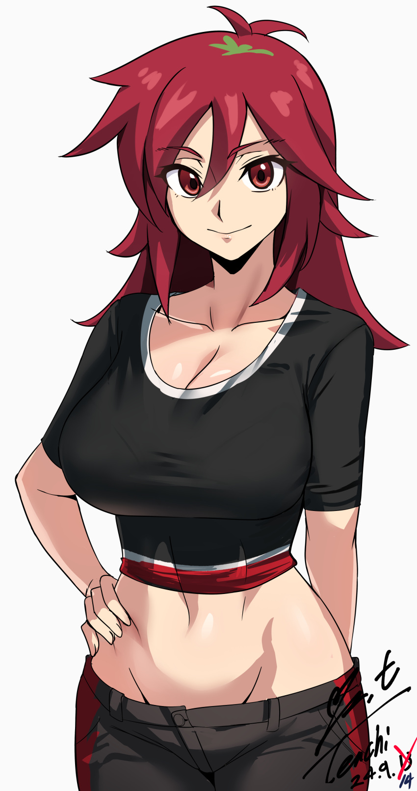 1girl, absurdres, beyblade, beyblade_x, black_shirt, breasts, cleavage, closed_mouth, cowboy_shot, crop_top, groin, hand_on_own_hip, hands_on_own_hips, highres, large_breasts, long_hair, looking_at_viewer, mature_female, midriff, navel, nekki_ai, red_eyes, red_hair, shirt, simple_background, smile, solo, stomach, white_background, wide_hips, yoo_tenchi