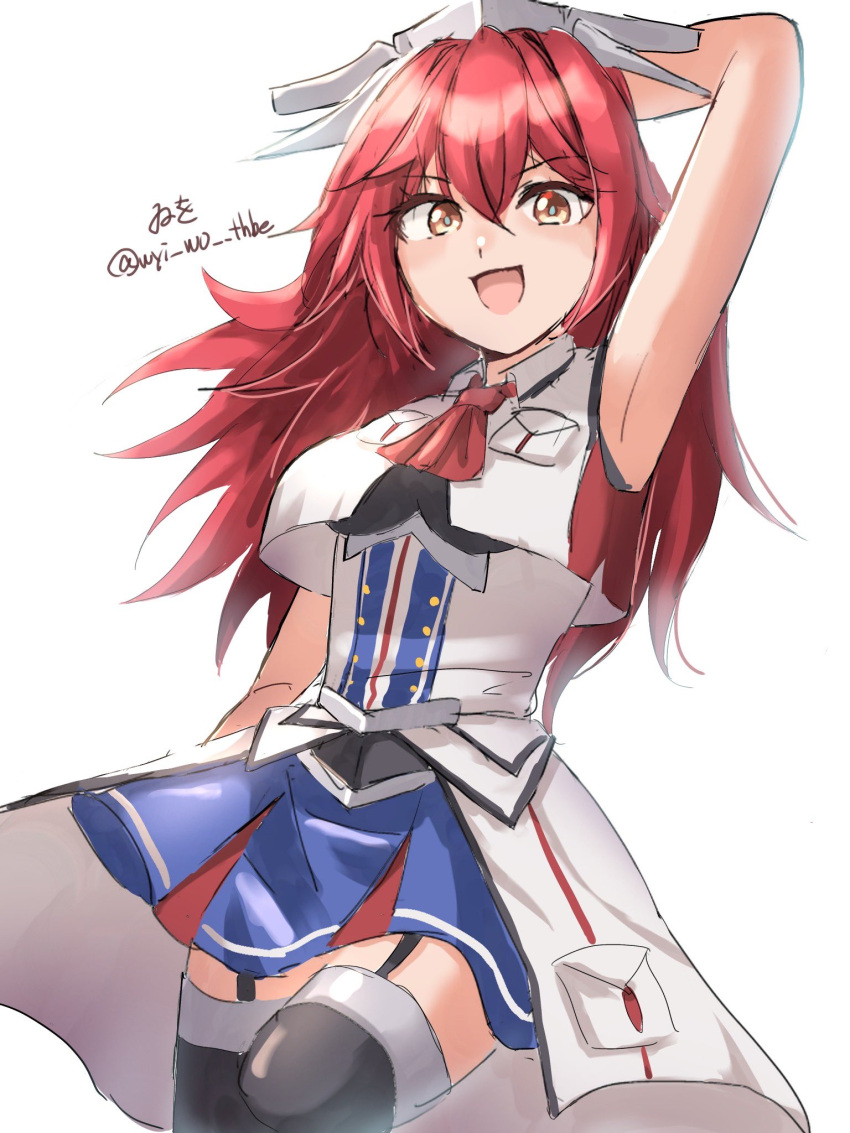 1girl, arm_behind_head, artist_name, ascot, black_garter_straps, blue_overskirt, blue_skirt, breast_pocket