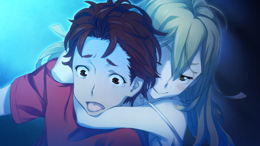 1boy, 1girl, ahoge, asphyxiation, bags_under_eyes, blonde_hair, blue_theme, breasts