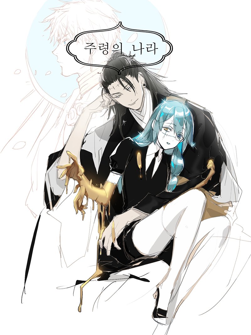 1other, 2boys, black_hair, black_necktie, blue_eyes, blue_hair, colored_skin, ear_piercing