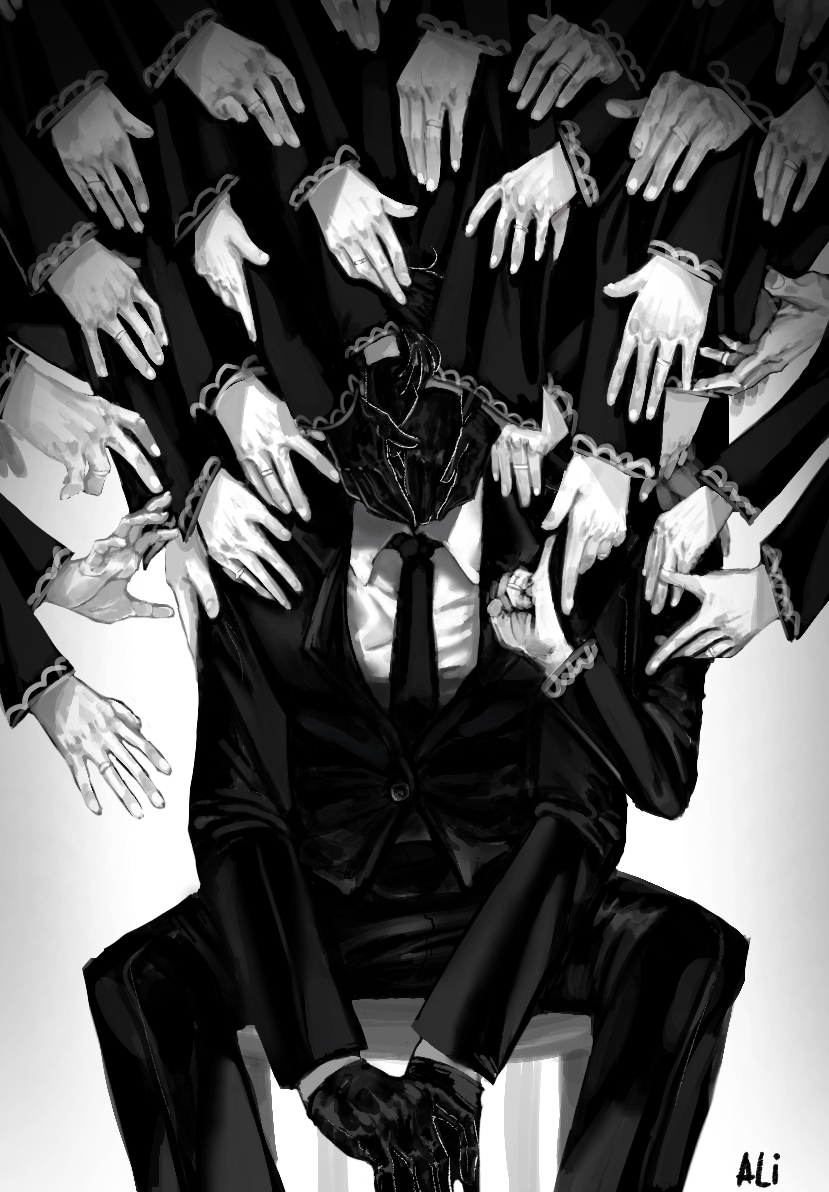 1other, alitaba_art, between_legs, black_gloves, black_hair, black_necktie, black_suit, black_vest, collared_shirt, faceless, gloves, gradient_background, hand_between_legs, hand_on_another's_face, hand_on_another's_head, hand_on_another's_shoulder, head_tilt, library_of_ruina, looking_at_viewer, male_focus, mask, necktie, on_stool, project_moon, reaching, reaching_towards_another, roland_(project_moon), shirt, sitting, solo, spread_legs, suit, too_many_hands, vest, white_background, white_gloves, white_shirt