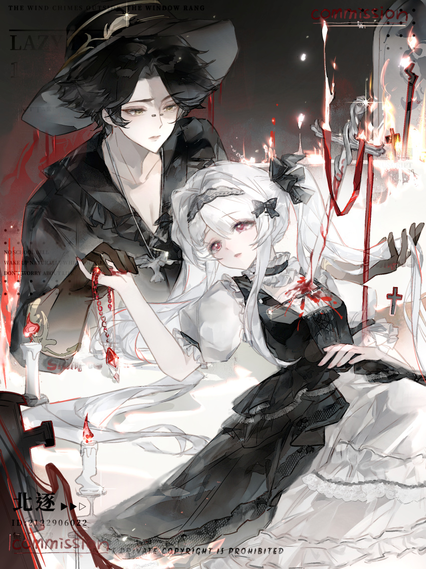 1boy, 1girl, absurdres, beizhu, black_hat, black_vest, blood, brown_gloves, collarbone, commission, cross, english_text, gloves, hat, highres, holding_hands, long_hair, lying, medium_hair, original, parted_lips, red_eyes, stab, sword, vest, weapon, white_hat, yellow_eyes