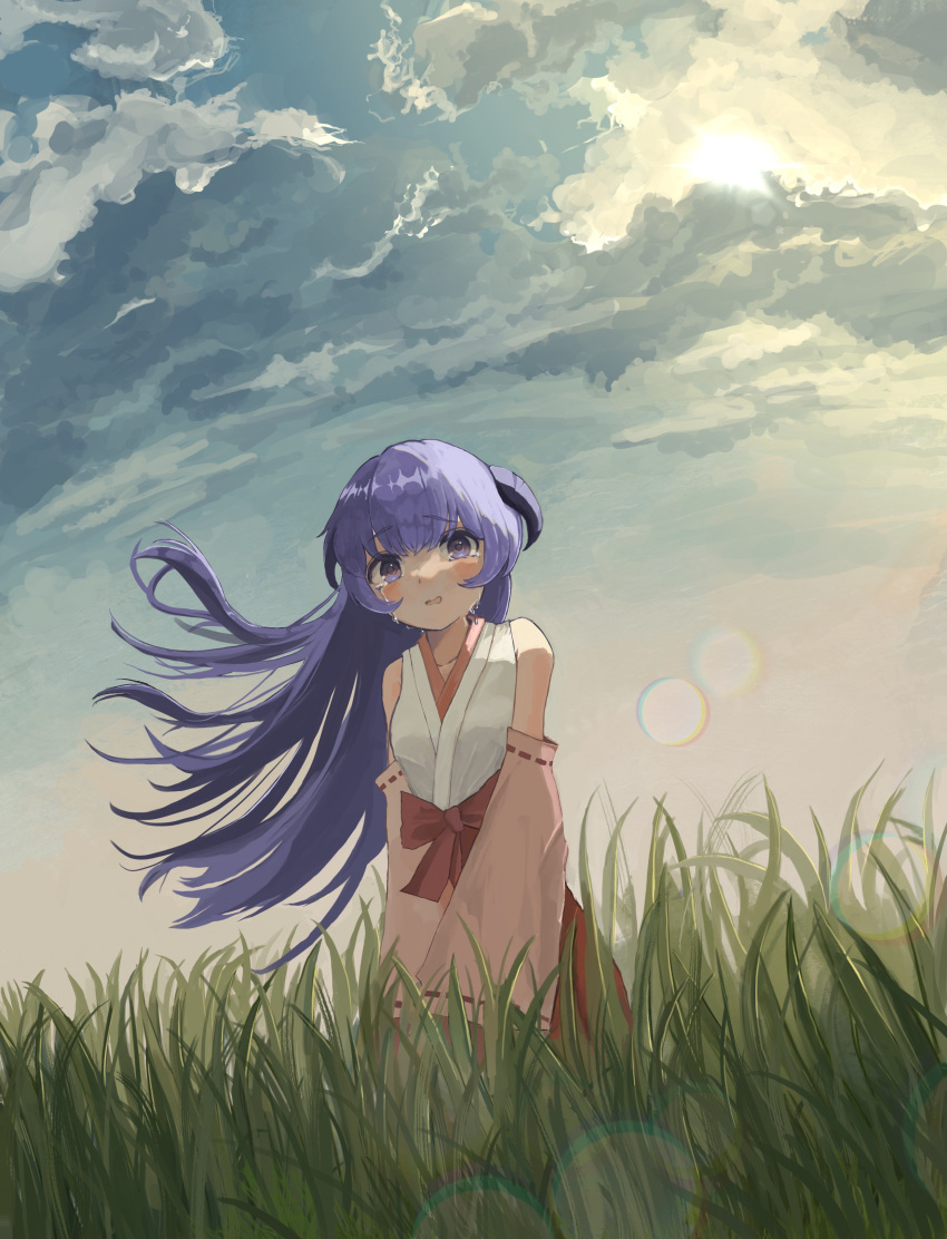 1girl, absurdres, blush, clouds, commentary, crying, detached_sleeves, evening
