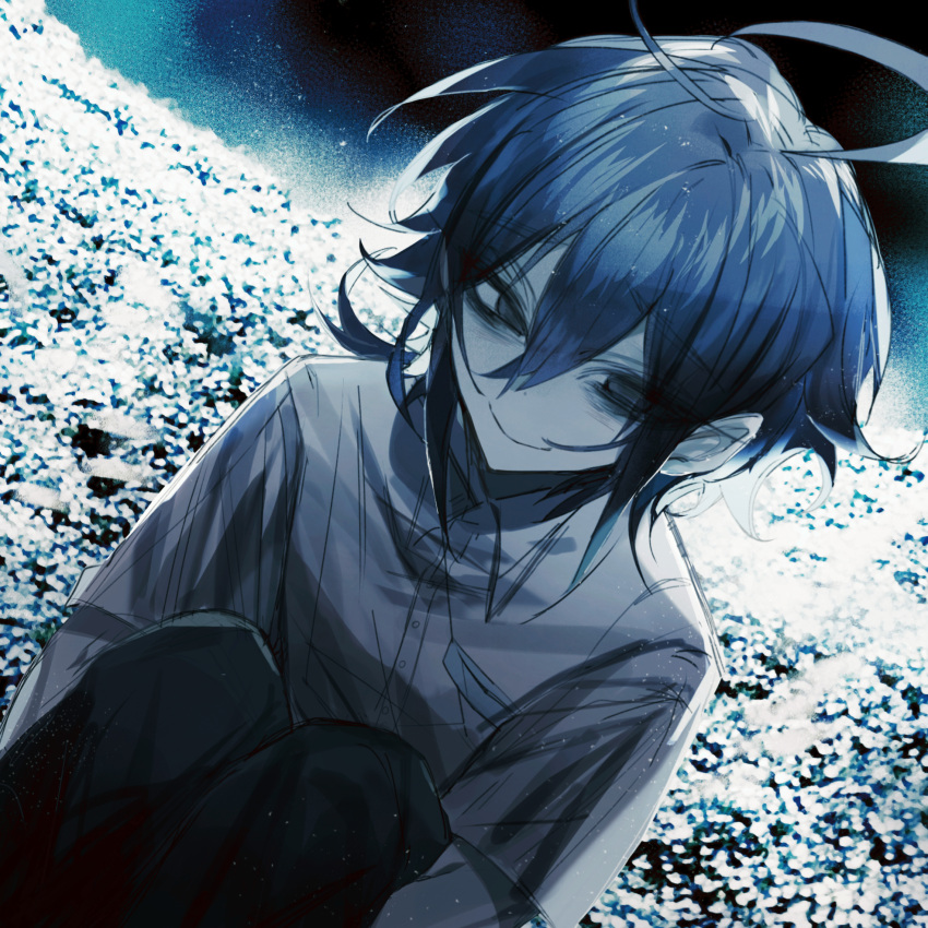 1boy, ahoge, bags_under_eyes, black_eyes, black_hair, black_pants, closed_mouth, club_suicide