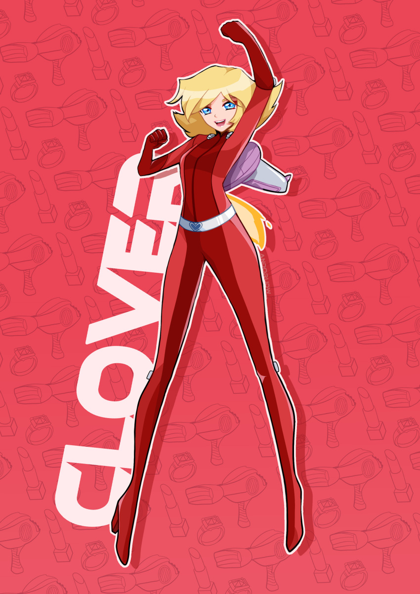 1girl, absurdres, andorudw, arm_up, artist_name, blonde_hair, blue_eyes, bodysuit