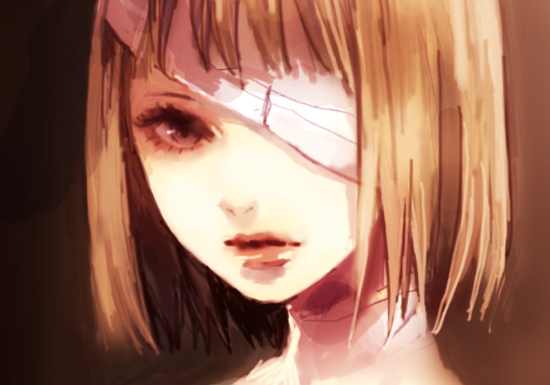 bandage, brown_eyes, brown_hair, lips, miya38, original, short_hair, solo