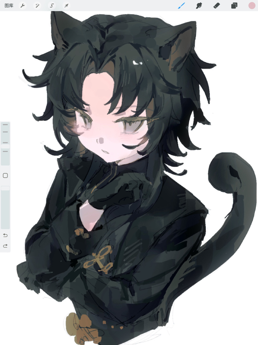 1boy, a_yan_(meng_renjian), absurdres, animal_ears, art_program_in_frame, black_gloves, black_hair, black_jacket, black_shirt, cat_boy, cat_ears, cat_tail, chinese_commentary, commentary_request, curtained_hair, gloves, grey_eyes, highres, jacket, liningne, long_sleeves, medium_hair, meng_renjian, open_clothes, open_jacket, parted_bangs, procreate_(medium), procreate_(software), shirt, short_hair, simple_background, solo, tail, white_background