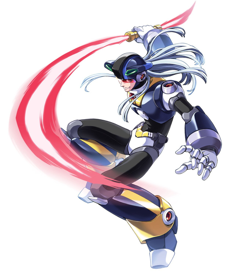 1boy, android, armor, assault_visor, black_armor, black_helmet, dynamo_(mega_man), energy_sword, fujino_yuuki, full_body, grey_hair, helmet, highres, male_focus, medium_hair, mega_man_(series), mega_man_x_(series), red-tinted_eyewear, solo, sword, tinted_eyewear, weapon