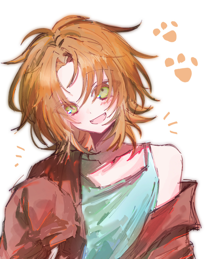 1boy, blue_tank_top, brown_hair, brown_jacket, chinese_commentary, collarbone, commentary_request, curtained_hair