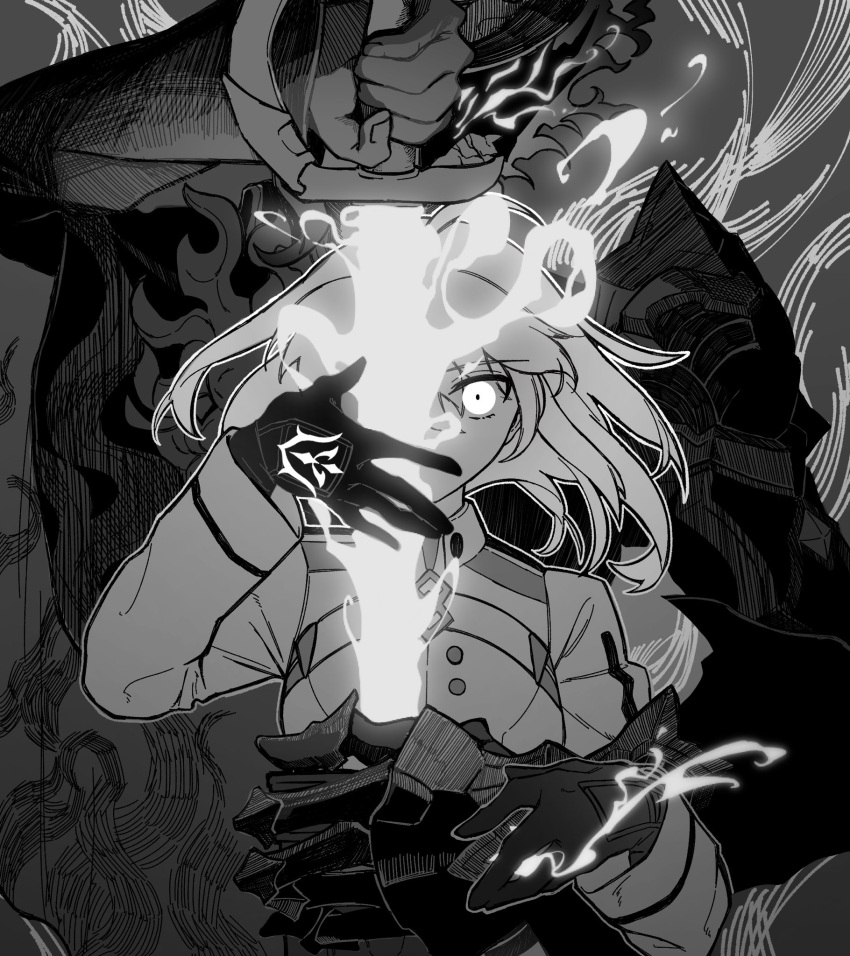 1boy, 1girl, black_gloves, command_spell, edmond_dantes_(fate), fate/grand_order, fate_(series), floating_hair