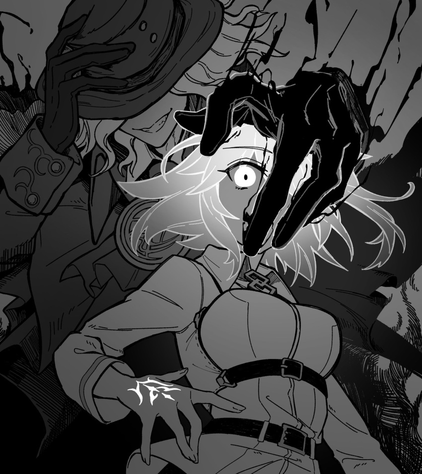 1boy, 1girl, belt, black_gloves, breasts, chaldea_logo, chaldea_uniform, collared_shirt