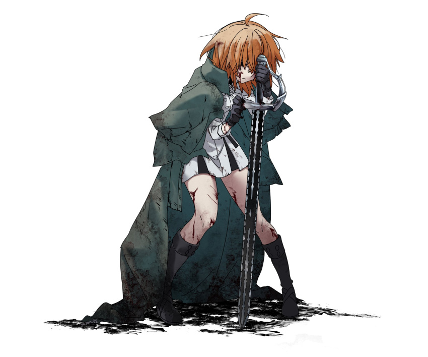 1girl, ahoge, black_boots, blood, blood_on_face, boots, dirty, dirty_clothes