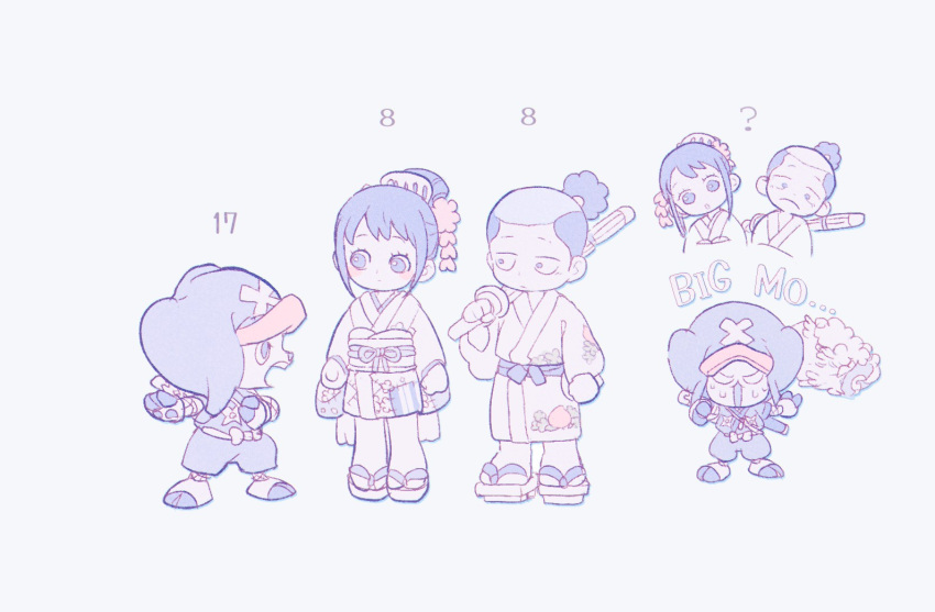 1girl, 2boys, ?, child, cross, full_body, geta, hair_bun