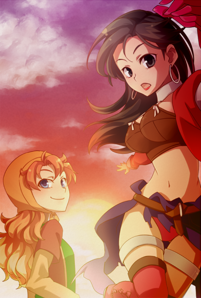 black_hair, blue_eyes, breasts, brown_hair, cleavage, dragon_quest, dragon_quest_vii, earrings
