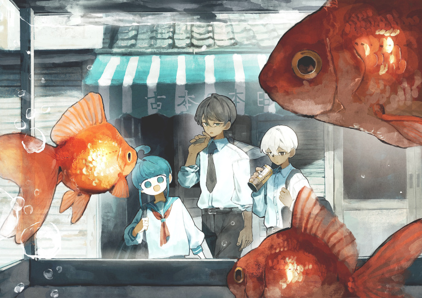 1girl, 2boys, absurdres, ahoge, ahoge_girl_(jimini_shijimi), air_bubble, aqua_eyes, aqua_hair