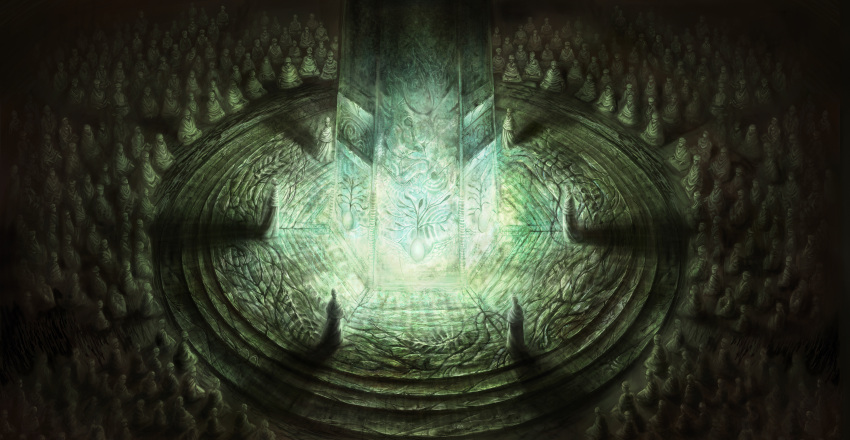 absurdres, crowd, dark, demon's_souls, engraved, faceless, from_above, glowing