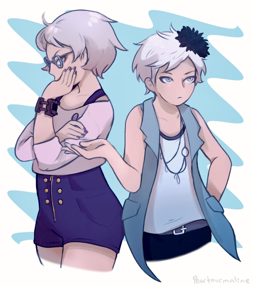 2girls, belt, black_flower, blue_eyes, blue_jacket, bracelet, brooch, buttons
