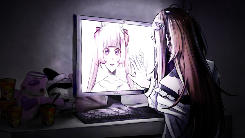 2girls, :d, ai-chan_(love_angel_syndrome), bedroom, blunt_bangs, bow, brown_hair, computer_keyboard