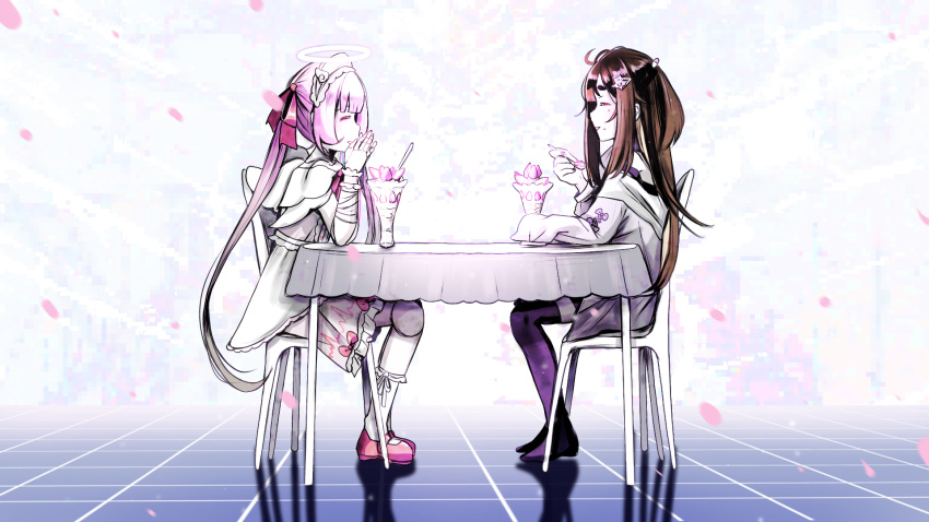 2girls, ai-chan_(love_angel_syndrome), arm_on_table, arms_up, bandaged_arm, bandages, blunt_bangs, bow