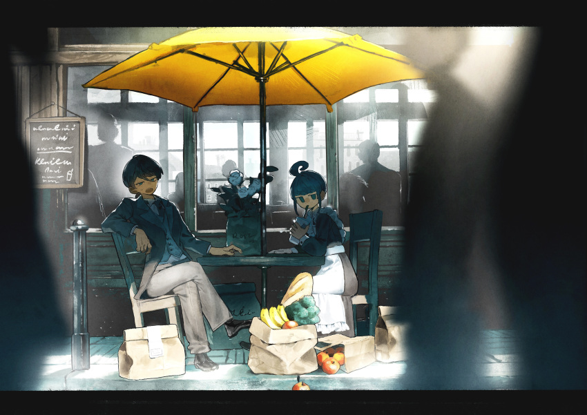 1boy, 1girl, 6+others, absurdres, ahoge, ahoge_girl_(jimini_shijimi), apple, apron