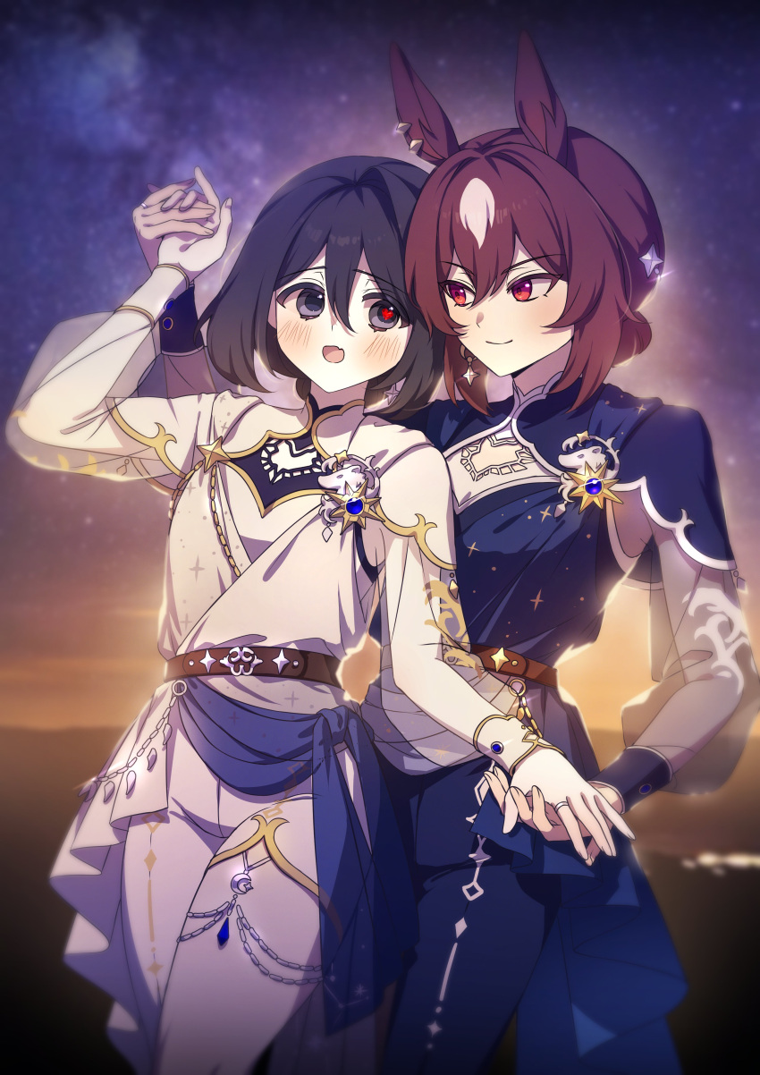 2girls, :o, absurdres, alternate_hairstyle, animal_ears, asymmetrical_pants, belt, black_eyes