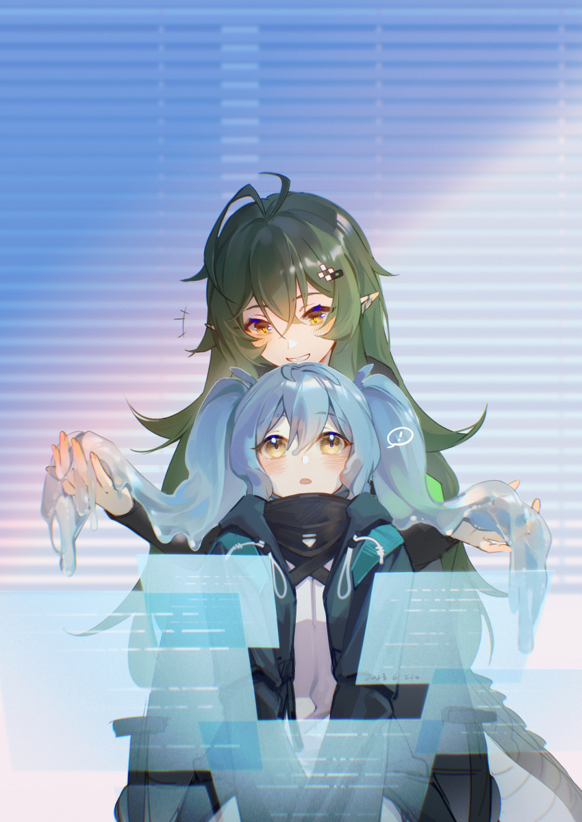 !, +++, 2girls, absurdres, antenna_hair, arknights, blue_hair, blush