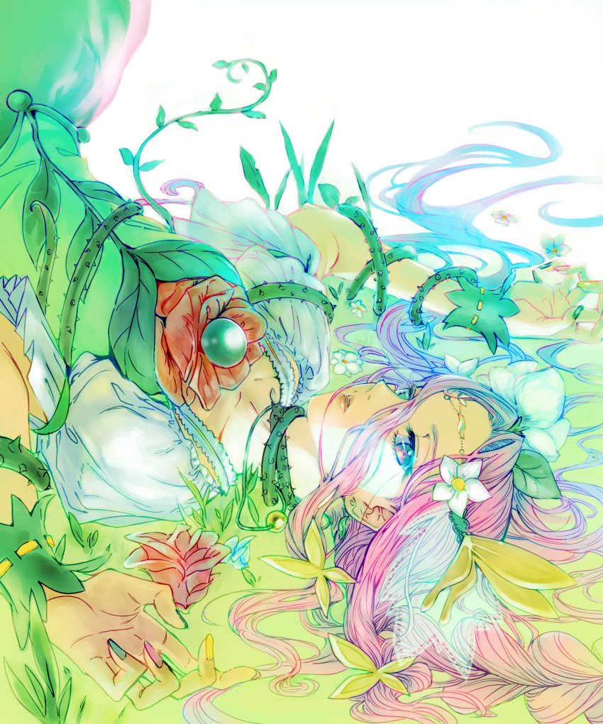 1girl, braid, butterfly_hair_ornament, cure_felice, fingernails, flower, flower_in_eye, grass