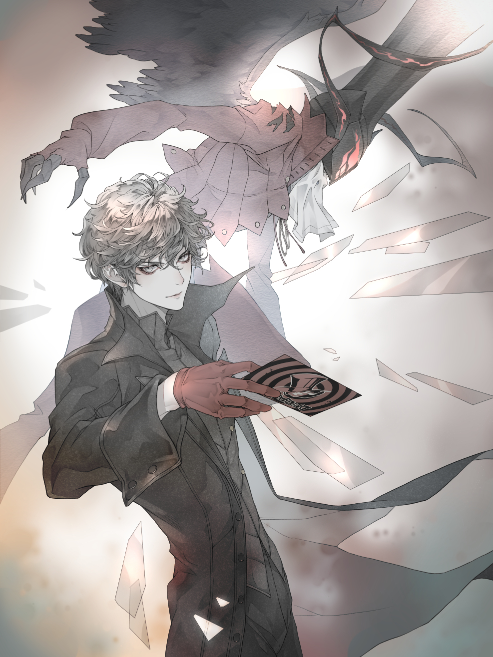 2boys, amamiya_ren, arsene_(persona_5), black_coat, black_hair, card, coat, gloves