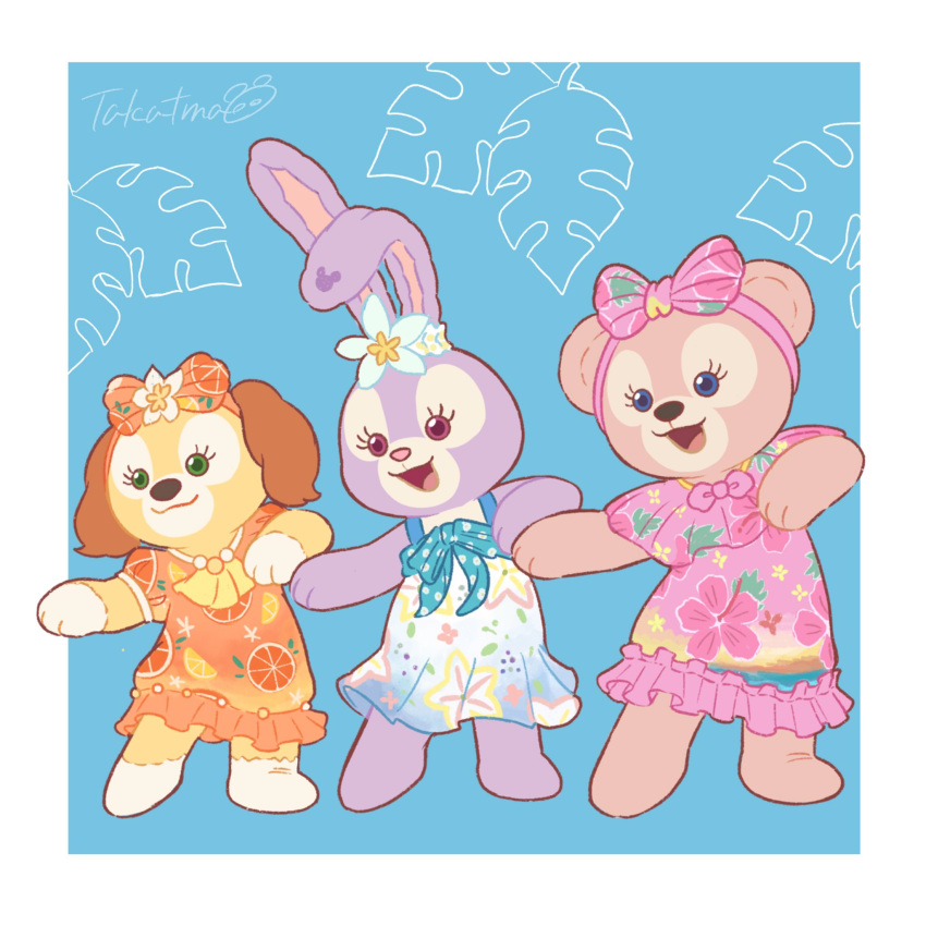 3girls, animal_ears, animification, bear_girl, bow, cookieann, cosplay, dog_ears, dog_girl, dress, duffy_and_friends, full_body, highres, looking_at_viewer, multiple_girls, no_humans, rabbit_ears, rabbit_girl, shelliemay, shelliemay_(cosplay), smile, standing, stellalou, stuffed_animal, stuffed_toy, takatmaorange, violet_eyes