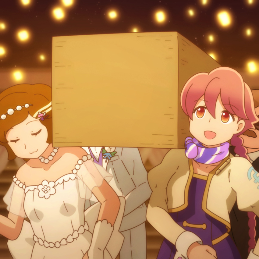 2boys, 2girls, :3, apocalypse_hotel, brown_hair, bunbuku_procione, closed_eyes, closed_mouth, coffin, commentary, dancing_pallbearers_(meme), dress, facial_hair, jacket, jewelry, long_hair, meme, multiple_boys, multiple_girls, mustache, necklace, open_mouth, pearl_necklace, pink_hair, ponko_procione, purple_dress, purple_scarf, scarf, shirosato, short_hair, smile, symbol-only_commentary, upper_body, wedding_dress, white_dress, white_jacket, yachiyo_(apocalypse_hotel)