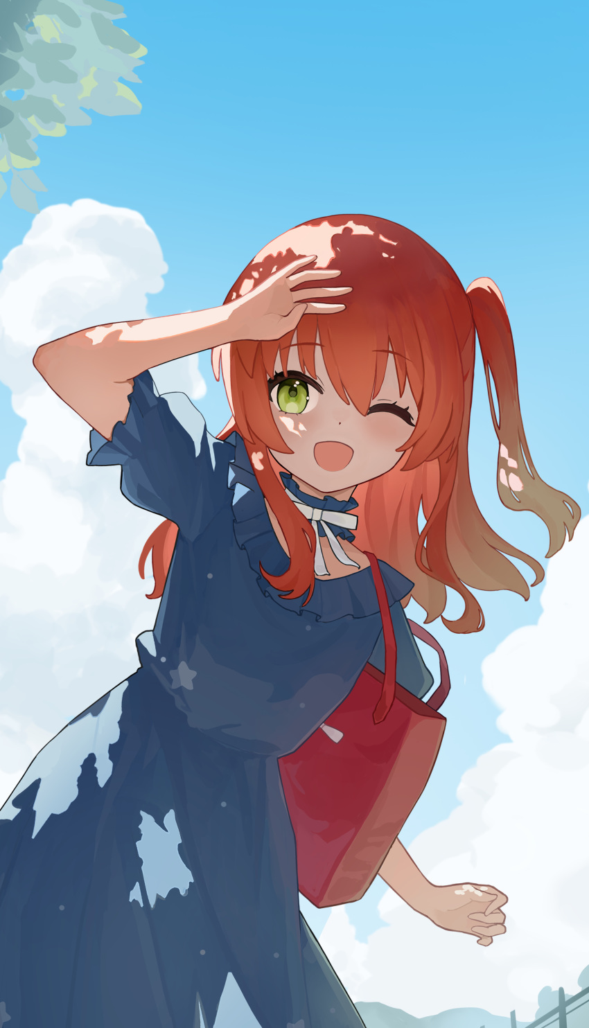 1girl, absurdres, blue_collar, blue_dress, blue_sky, bocchi_the_rock!, clouds, collar