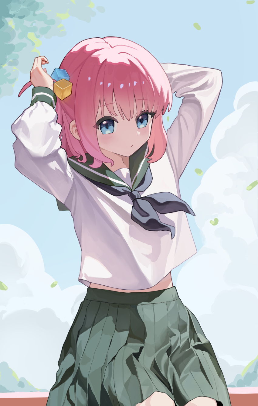 1girl, absurdres, alternate_hair_length, alternate_hairstyle, black_neckerchief, blue_eyes, blue_sky, bocchi_the_rock!