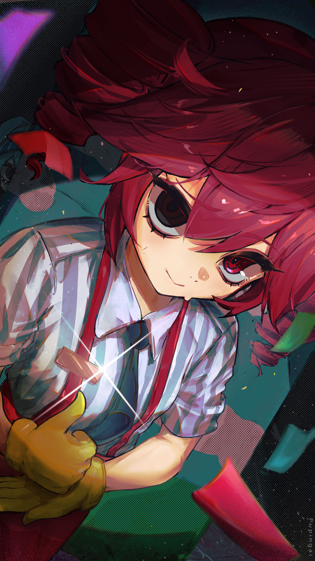 1girl, alternate_costume, black_necktie, blue_background, clouds, collared_shirt, confetti, flat_chest