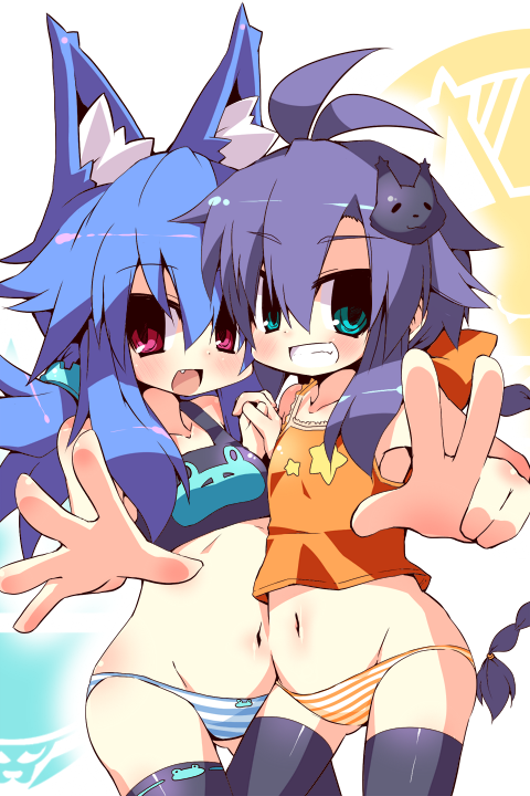 amagi_nanateru, animal_ears, bael_(dango_mushi), black_hair, black_legwear, black_thighhighs, blue_hair, bottomless, braid, camisole, fang, flat_chest, green_eyes, grin, hand_holding, hands_clasped, holding_hands, interlocked_fingers, long_hair, midriff, mound_of_venus, multiple_girls, navel, no_pants, open_mouth, original, outstretched_hand, panties, red_eyes, smile, space_ninja_hibiki, sports_bra, striped, striped_panties, tenjou_nanaki, thigh-highs, thighhighs, underwear, v