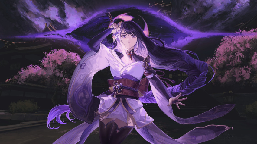 1girl, blunt_bangs, braid, bridal_gauntlets, cherry_blossoms, closed_mouth, clouds, cloudy_sky, english_commentary, genshin_impact, glowing, glowing_weapon, gradient_hair, hair_flowing_over, hair_ornament, highres, holding, holding_sword, holding_weapon, ilya_(ilyarawan), japanese_clothes, katana, kimono, long_braid, long_hair, looking_up, mitsudomoe_(shape), multicolored_hair, neck_ribbon, off_shoulder, outdoors, purple_background, purple_hair, purple_kimono, purple_sky, purple_thighhighs, raiden_shogun, red_ribbon, red_sash, ribbon, sash, shade, short_sleeves, single_braid, sky, solo, standing, storm, sword, thigh-highs, tomoe_(symbol), tree, violet_eyes, weapon, wide_sleeves