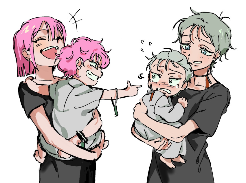 +++, 1boy, 3girls, aged_down, aiming, alien_stage, barefoot, black_dress, carrying, carrying_person, closed_eyes, commentary, dress, finger_gun, flying_sweatdrops, green_eyes, grey_hair, hashtag-only_commentary, highres, io_(alien_stage), laughing, mizi's_mother_(alien_stage), mizi_(alien_stage), mother_and_daughter, mother_and_son, multiple_girls, open_mouth, pink_hair, short_hair, short_sleeves, smile, sunnyirry, tears, till_(alien_stage), very_short_hair, white_dress, yellow_eyes