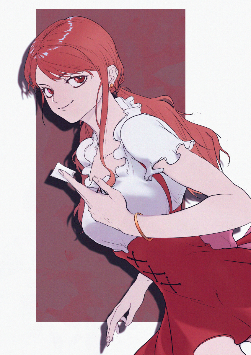 1girl, absurdres, back_ribbon, bangle, bracelet, breasts, closed_mouth, collarbone