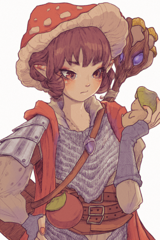 1girl, bag, belt, blush, brown_corset, brown_hair, brown_shirt, chain