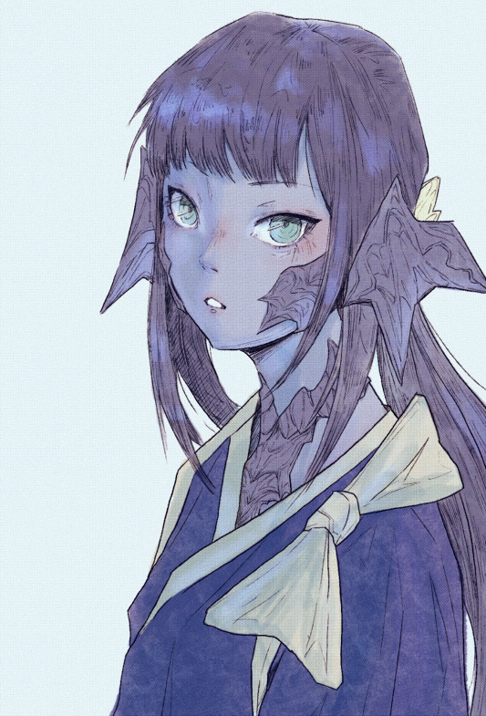1girl, au_ra, black_hair, black_scales, blue_shirt, blush, colored_skin, commentary