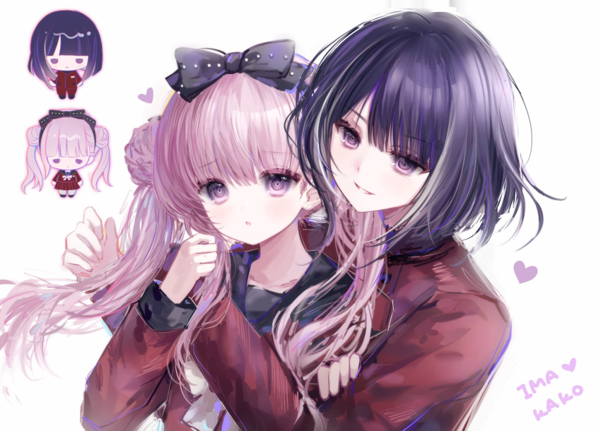 1boy, 1girl, black_bow, black_hair, bow, brother_and_sister, character_name, chibi, double_bun, hair_bow, hair_bun, hashtag-only_commentary, heart, highres, long_hair, long_sleeves, mekkovo, open_mouth, pants, parted_lips, pink_hair, pleated_skirt, red_pants, red_serafuku, red_shirt, red_skirt, school_uniform, serafuku, shirt, short_hair, siblings, single_sidelock, skirt, smile, the_hundred_line_-last_defense_academy-, tsukumo_ima, tsukumo_kako, twins, twintails, white_background